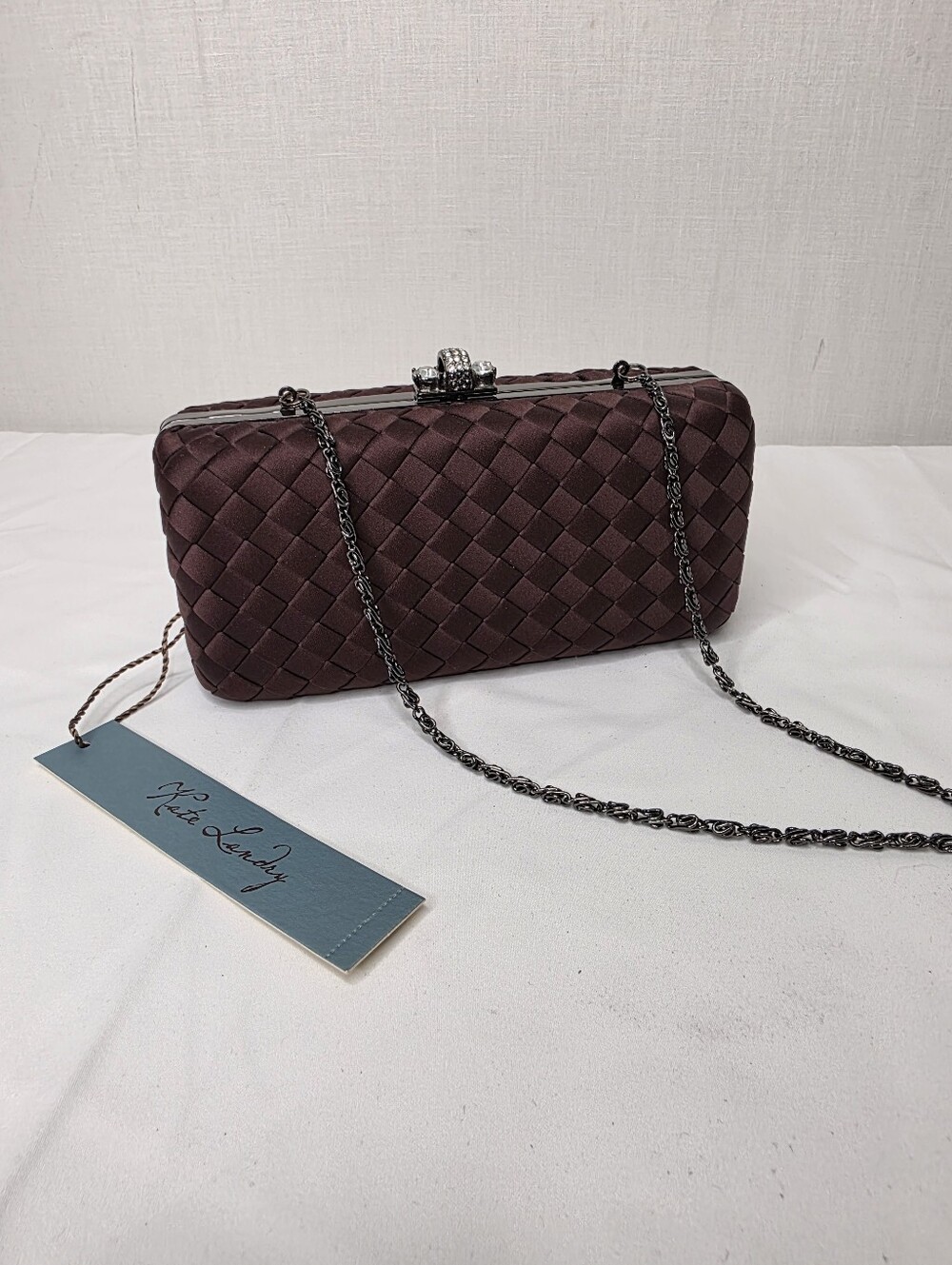 NWT Kate Landry Chocolate Woven Satin Rhinestone Clutch Evening Bag